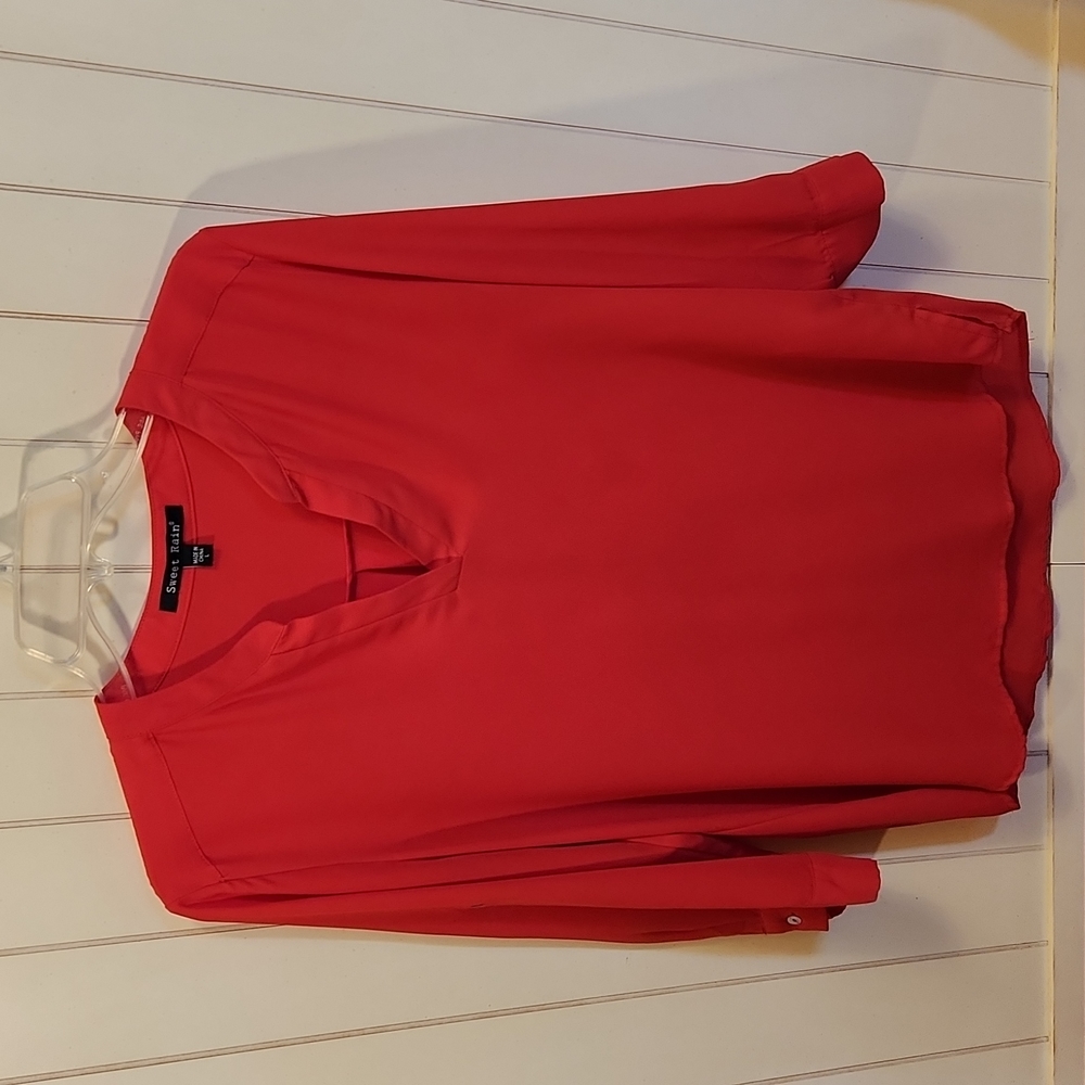 V-Neck Blouse Orange/Red - Roll Sleeves Large